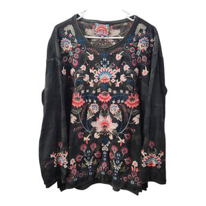Johnny Was Thermal Camo Floral Embroidered Top L Cottage Boho Farmhouse Retro